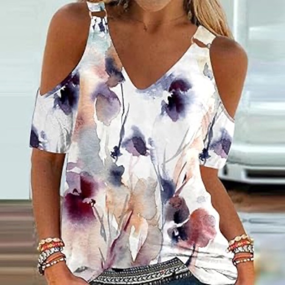 Purple and Orange Floral Cut Out Sleeve Blouse